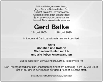 Anzeige  Gerd Balke  Lippische Landes-Zeitung