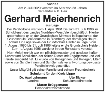 Anzeige  Gerhard Meierhenrich  Lippische Landes-Zeitung