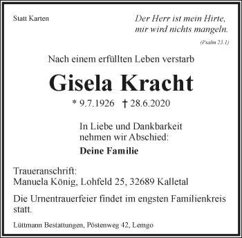 Anzeige  Gisela Kracht  Lippische Landes-Zeitung