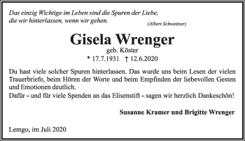 Anzeige  Gisela Wrenger  Lippische Landes-Zeitung