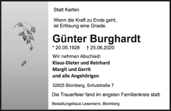 Anzeige  Günter Burghardt  Lippische Landes-Zeitung