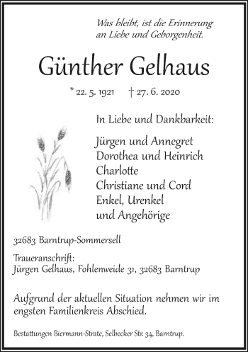 Anzeige  Günther Gelhaus  Lippische Landes-Zeitung