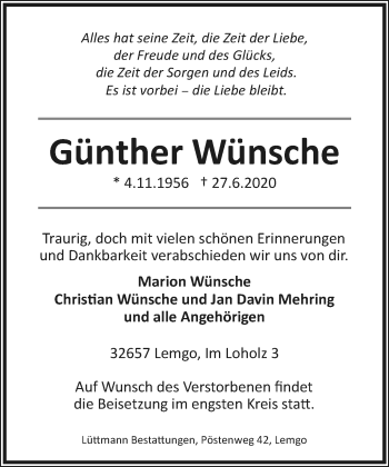 Anzeige  Günther Wünsche  Lippische Landes-Zeitung