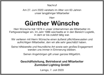 Anzeige  Günther Wünsche  Lippische Landes-Zeitung