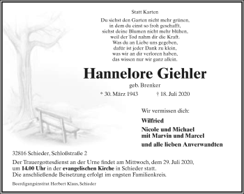 Anzeige  Hannelore Giehler  Lippische Landes-Zeitung