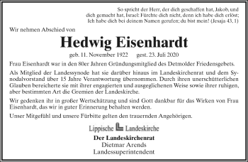 Anzeige  Hedwig Eisenhardt  Lippische Landes-Zeitung