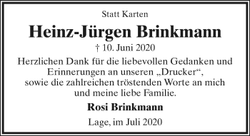 Anzeige  Heinz-Jürgen Brinkmann  Lippische Landes-Zeitung