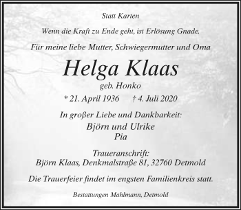 Anzeige  Helga Klaas  Lippische Landes-Zeitung