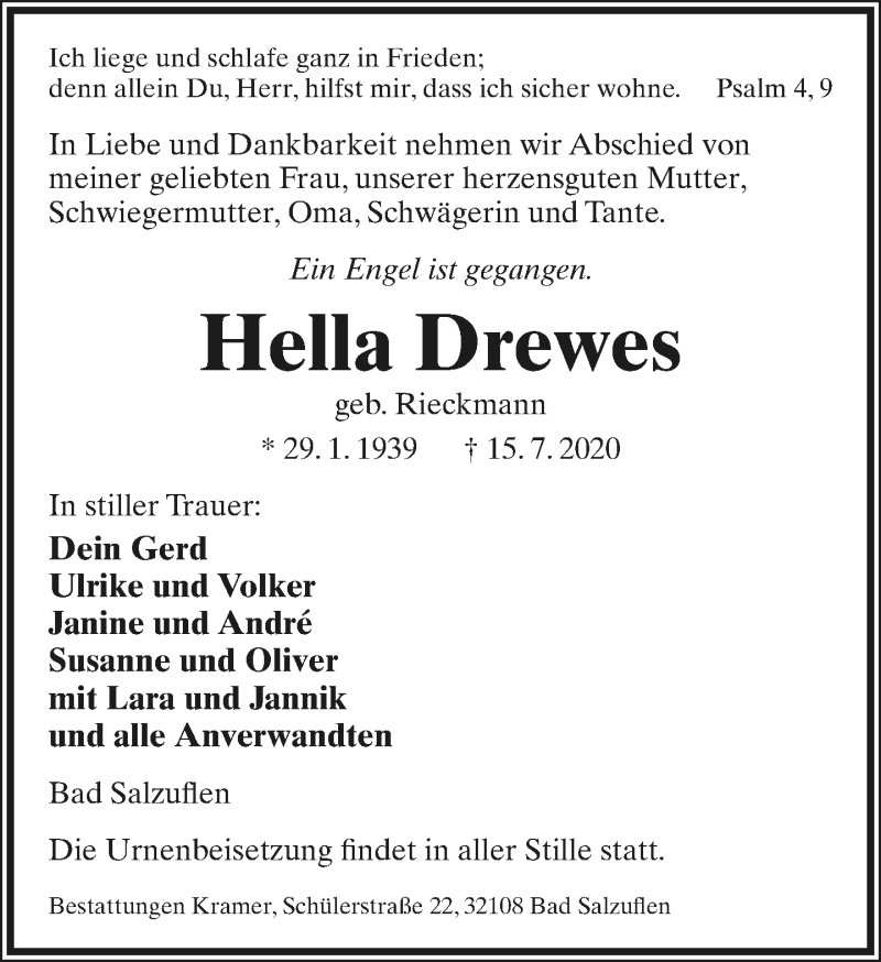  Traueranzeige für Hella Drewes vom 25.07.2020 aus Lippische Landes-Zeitung