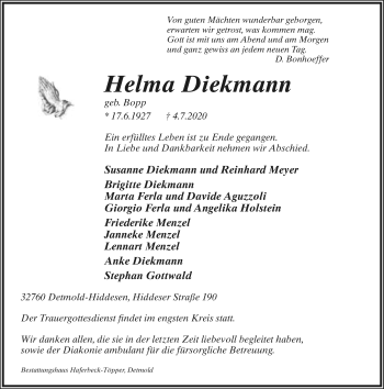 Anzeige  Helma Diekmann  Lippische Landes-Zeitung