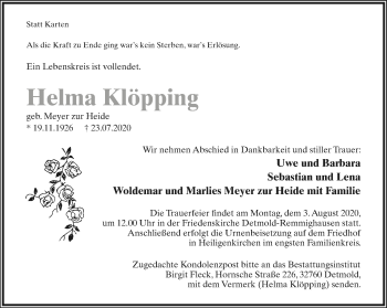 Anzeige  Helma Klöpping  Lippische Landes-Zeitung