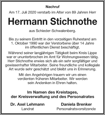 Anzeige  Hermann Stichnothe  Lippische Landes-Zeitung