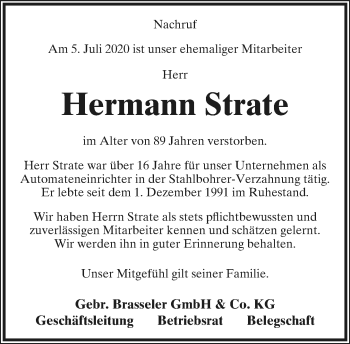 Anzeige  Hermann Strate  Lippische Landes-Zeitung