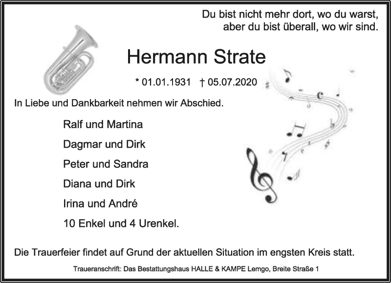  Traueranzeige für Hermann Strate vom 07.07.2020 aus Lippische Landes-Zeitung