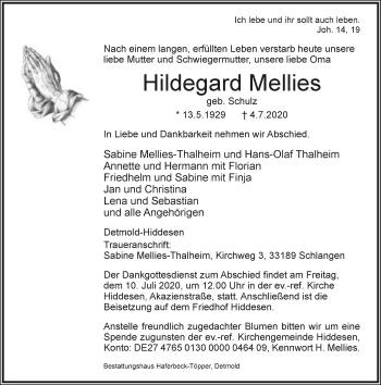 Anzeige  Hildegard Mellies  Lippische Landes-Zeitung