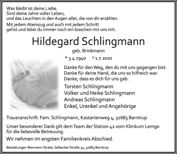 Anzeige  Hildegard Schlingmann  Lippische Landes-Zeitung