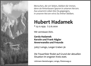 Anzeige  Hubert Hadamek  Lippische Landes-Zeitung