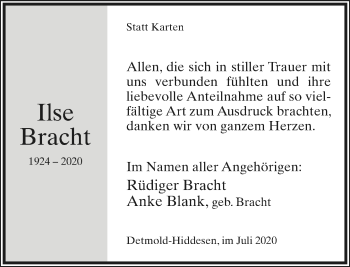 Anzeige  Ilse Bracht  Lippische Landes-Zeitung