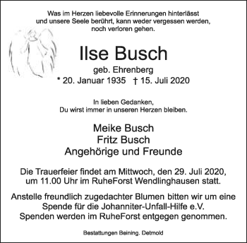 Anzeige  Ilse Busch  Lippische Landes-Zeitung