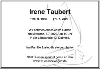 Anzeige  Irene Taubert  Lippische Landes-Zeitung
