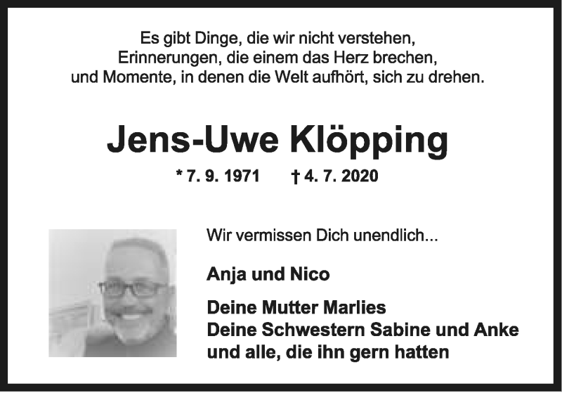  Traueranzeige für Jens-Uwe Klöpping vom 11.07.2020 aus Lippische Landes-Zeitung