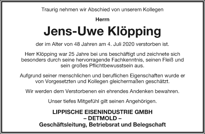  Traueranzeige für Jens-Uwe Klöpping vom 08.07.2020 aus Lippische Landes-Zeitung