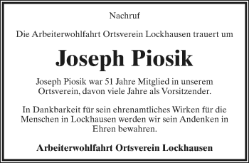 Anzeige  Joseph Piosik  Lippische Landes-Zeitung