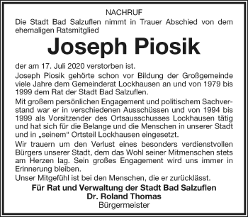 Anzeige  Joseph Piosik  Lippische Landes-Zeitung