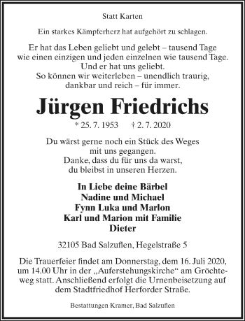 Anzeige  Jürgen Friedrichs  Lippische Landes-Zeitung