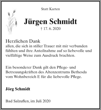 Anzeige  Jürgen Schmidt  Lippische Landes-Zeitung