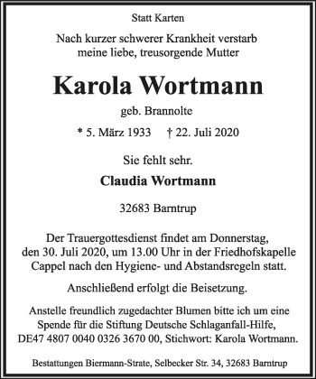 Anzeige  Karola Wortmann  Lippische Landes-Zeitung