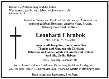 Anzeige  Leonhard Chrobok  Lippische Landes-Zeitung