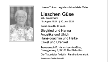 Anzeige  Lieschen Güse  Lippische Landes-Zeitung