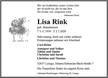 Anzeige  Lisa Rink  Lippische Landes-Zeitung