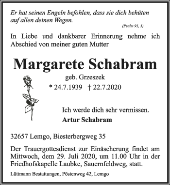 Anzeige  Margarete Schabram  Lippische Landes-Zeitung