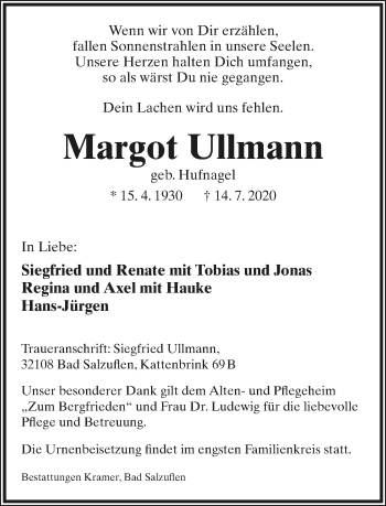 Anzeige  Margot Ullmann  Lippische Landes-Zeitung