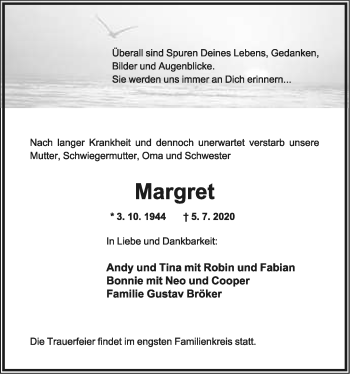 Anzeige  Margret   Lippische Landes-Zeitung