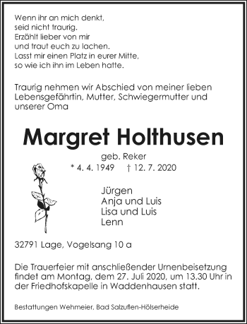 Anzeige  Margret Holthusen  Lippische Landes-Zeitung