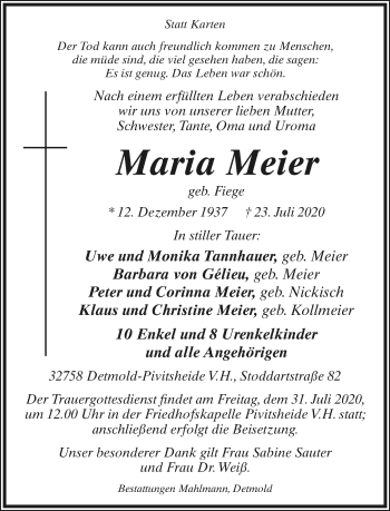 Anzeige  Maria Meier  Lippische Landes-Zeitung