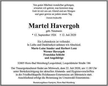 Anzeige  Martel Havergoh  Lippische Landes-Zeitung