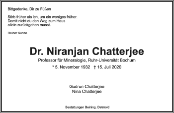 Anzeige  Niranjan Chatterjee  Lippische Landes-Zeitung