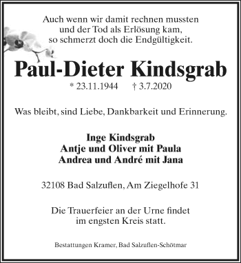 Anzeige  Paul-Dieter Kindsgrab  Lippische Landes-Zeitung