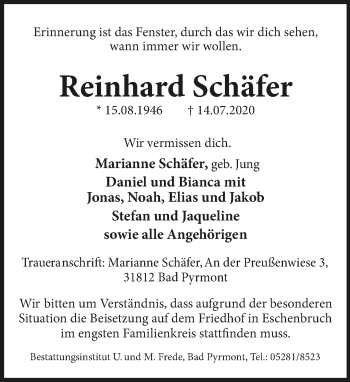 Anzeige  Reinhard Schäfer  Lippische Landes-Zeitung