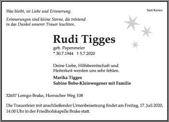 Anzeige  Rudi Tigges  Lippische Landes-Zeitung