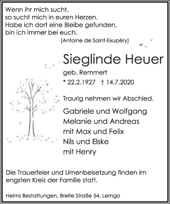 Anzeige  Sieglinde Heuer  Lippische Landes-Zeitung