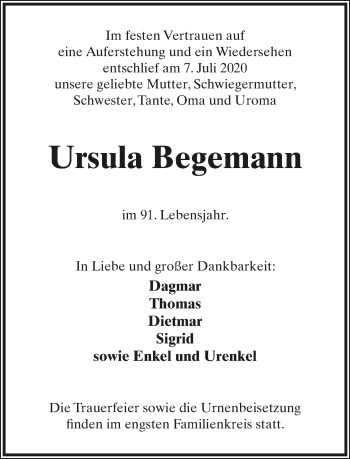 Anzeige  Ursula Begemann  Lippische Landes-Zeitung