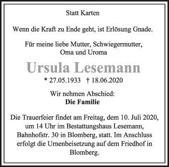 Anzeige  Ursula Lesemann  Lippische Landes-Zeitung