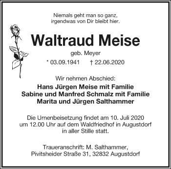 Anzeige  Waltraud Meise  Lippische Landes-Zeitung