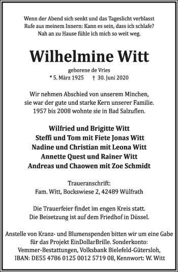 Anzeige  Wilhelmine Witt  Lippische Landes-Zeitung