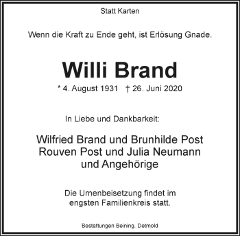 Anzeige  Willi Brand  Lippische Landes-Zeitung